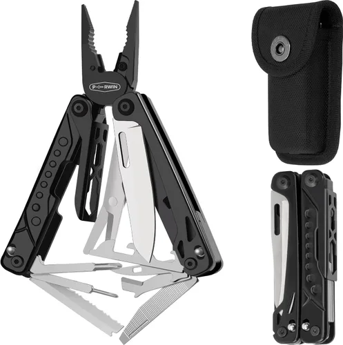 Miniatura 10 de PERWIN Multiherramienta, alicates multiherramienta de acero inoxidable 17 en 1 con autobloqueo, cuchillo de bolsillo, funda de nailon