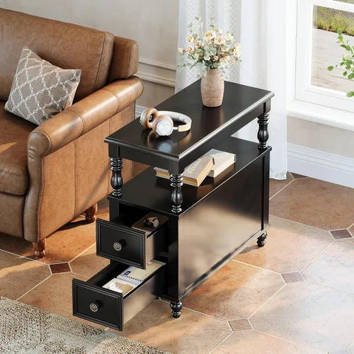 Miniatura 3 de Tribesigns Mesa auxiliar de madera con acabado negro con 2 cajones, mesitas de noche delgadas de madera de mediados de siglo con estante