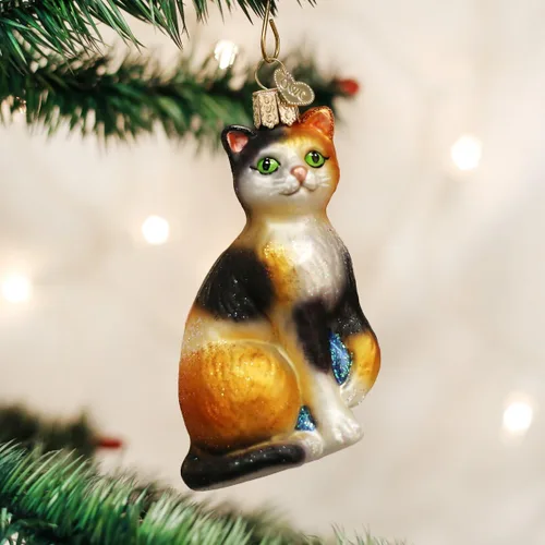 Miniatura 2 de Old World Christmas - Adorno de gato calico de vidrio soplado para árbol de Navidad, decoración festiva hecha a mano, colección de gatos