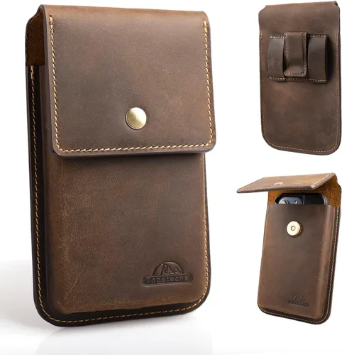Topstache Funda de cuero grande para cinturón, funda de celular con clip para S23/S22, bolsa de cuero para iPhone 14 Pro/14 marrón oscuro