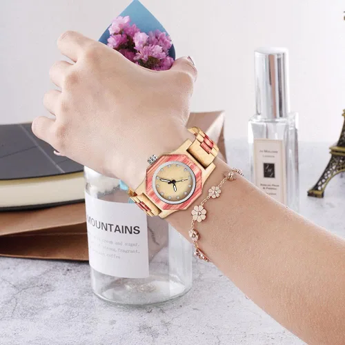 Miniatura 5 de Reloj de madera para mujer con correa de madera de cuarzo, analógico, colorido, relojes de madera de bambú para mujer, BS-WM01-MADERA