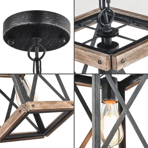 Miniatura 7 de Lámpara colgante de granja, lámpara de araña ajustable de metal y madera, iluminación colgante rústica para isla de cocina, dormitorio, comedor
