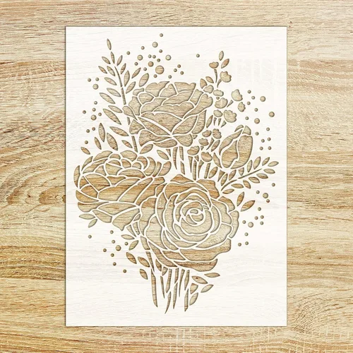 Plantilla decorativa FLONZ de 6 x 8 pulgadas, ramo de flores de peonías y rosas para pintura de pared, álbumes de recortes y decoración de pasteles
