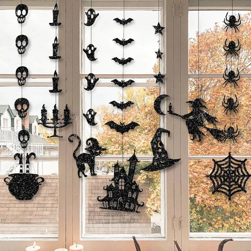 Miniatura 6 de Guirnalda colgante de Halloween negra con purpurina, fantasmas, brujas, murciélagos, arañas, casa encantada, gato y más, suministros de fiesta