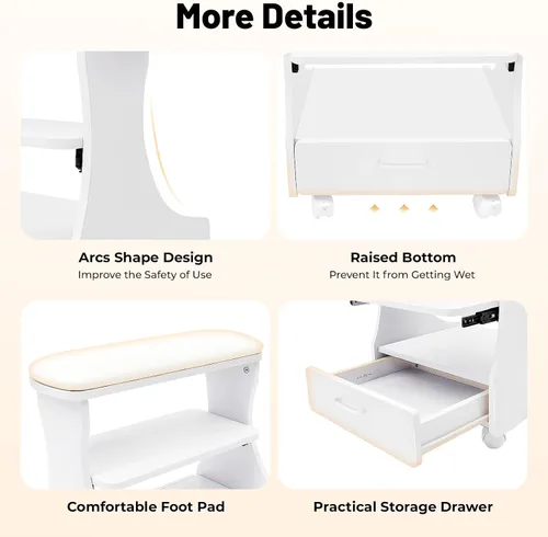 Miniatura 7 de LYNICESHOP Muebles de manicura de pedicura con reposapiés, carrito para baño de pies, taburete de pies con ruedas, herramienta de belleza