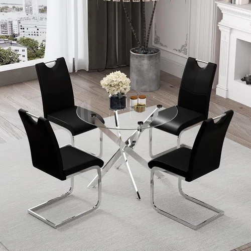 Miniatura 13 de Juego de mesa de comedor redonda de vidrio templado para 4, juego de mesa de cocina moderna de 5 piezas con 4 sillas tapizadas para cocina y comedor