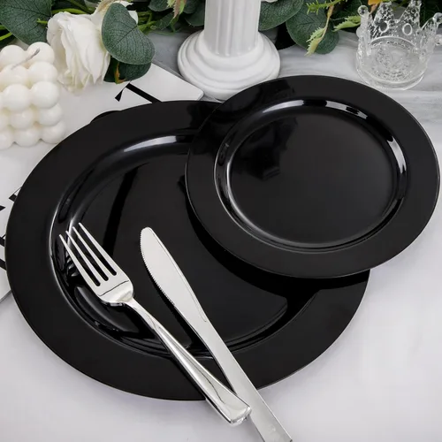 Miniatura 7 de FLOWERCAT 100 platos de plástico negro, platos desechables negros resistentes para fiesta de cumpleaños, boda, día del padre, para 50 invitados