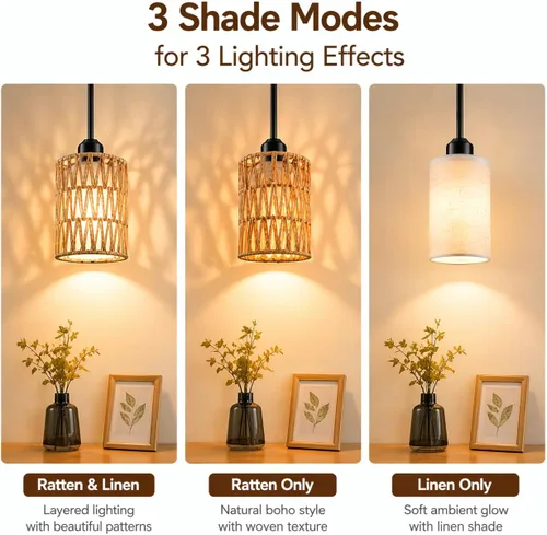 Miniatura 2 de Lámpara Colgante Boho Lámpara Colgante - Pantalla 2 en 1 de Ratán y Lino, Luminaria de Luces Colgantes Ajustables para Isla de Cocina, Comedor, Casa