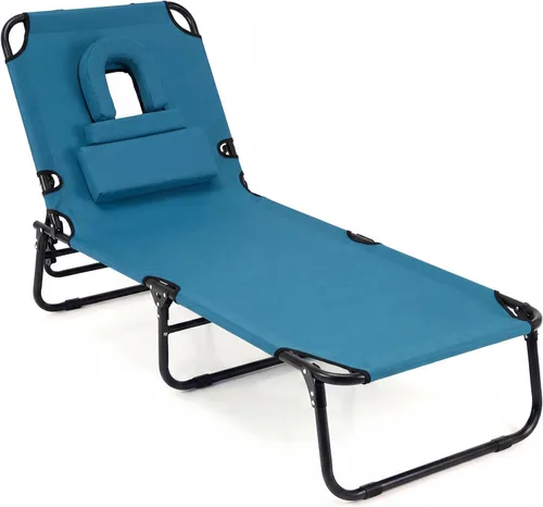 Miniatura 10 de COSTWAY Silla de bronceado con agujero facial, almohadas y respaldo ajustable de 4 posiciones, portátil con bolsa de transporte, tumbona de playa