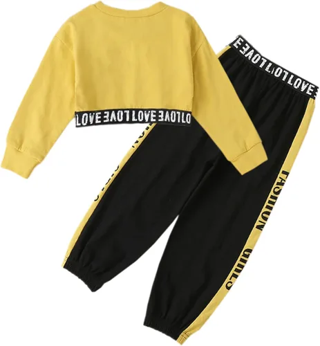 Miniatura 2 de Betusline - Atuendo deportivo de 2 piezas con blusa ombliguera y pantalones para niñas, estilo teñido anudado (18 meses a 14 años)