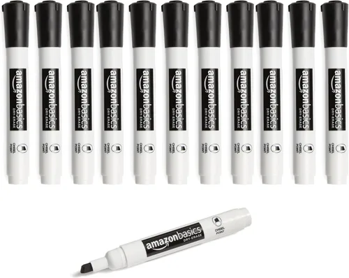 Amazon Basics Paquete de 12 marcadores de pizarra blanca de borrado en seco con punta de cincel de bajo olor, color negro