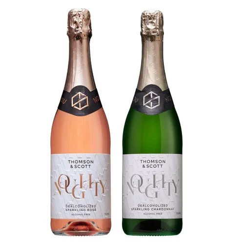 Thomson & Scott Noughty - Paquete de celebración de vino espumoso, 1 rosado + 1 chardonnay, champán espumoso sin alcohol, vino sin alcohol, ligero,