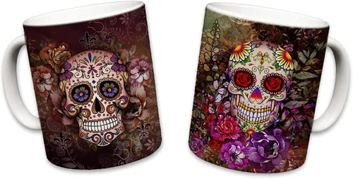 Miniatura 9 de Sweet Gisele Taza de cerámica de calavera de azúcar, taza de café con estampado floral, diseño del Día de los Muertos, hermosos colores vivos, gran