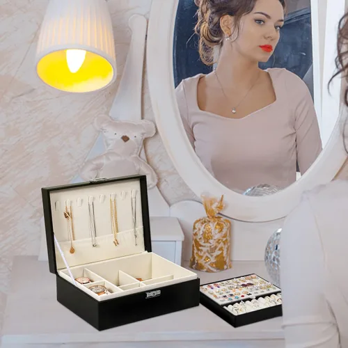 Miniatura 5 de SIMBOOM Joyero para mujeres y niñas, organizador de joyas de 2 capas con cerradura, estuche de almacenamiento de joyas con bandeja extraíble