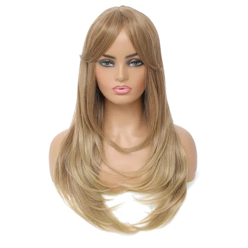 Miniatura 8 de SWACC Peluca de pelo sintético con flequillo largo en capas para mujeres con gorra de peluca (negro)