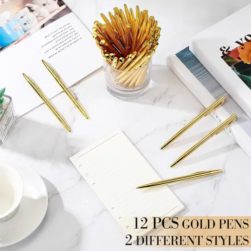 Miniatura 5 de Fuutreo Paquete de 12 Bolígrafos Dorados para Boda a Granel Bolígrafos de Metal Dorado Delgados Retráctiles con Tinta Negra Mini Cónicos