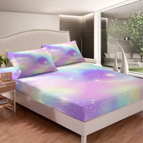 Miniatura 3 de Juego de sábana bajera ajustable de teñido anudado para niñas, juego de ropa de cama con diseño de arco iris degradado de arcoíris, lindo juego