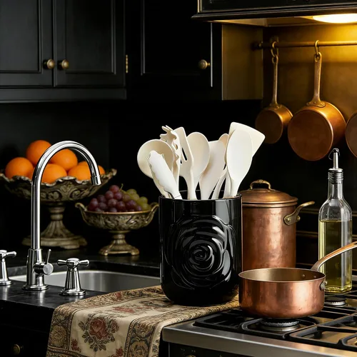 Miniatura 7 de Juego de 2 Portautensilios Grandes, 7.5" + 5.5" - Recipiente de Cerámica con Diseño de Rosas para Utensilios de Cocina de Encimera para Espátulas
