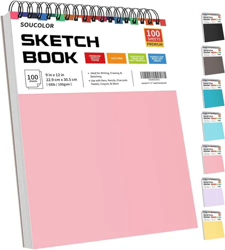 Miniatura 17 de Soucolor - Cuaderno de bocetos de 9 x 12 pulgadas, paquete de 4 de 100 hojas, encuadernado en espiral, libre de ácido (68 libras/100 g/m²), papel