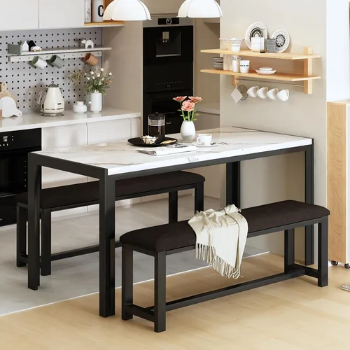 Miniatura 2 de Recaceik Juego de mesa de comedor para 4 personas con bancos tapizados de piel sintética, juego de mesa de comedor de mármol sintético para 4-6