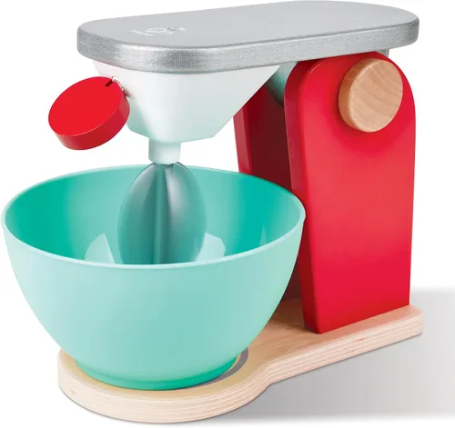 Hape: Juego de madera para mezclar y hornear – rojo – Aparato de juguete de cocina de madera, cuchillas giratorias de cuerda de tracción, horneado