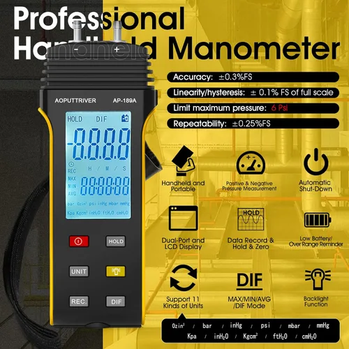 Miniatura 5 de Manómetro, probador de presión de gas profesional AP-189B, medidor de presión de aire de manómetro de doble puerto, manómetro de presión diferencial