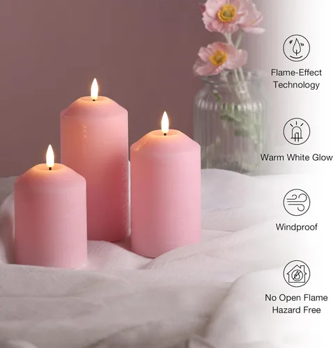 Miniatura 4 de Eywamage Velas de pilar sin llama rosa con control remoto, velas LED parpadeantes de cera a pilas, juego de 3