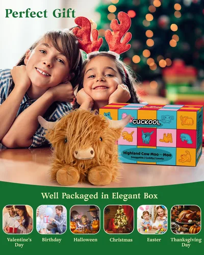 Miniatura 5 de Cuckool Highland Cow - Animales de peluche, adorable animal de peluche esponjoso de ganado de las tierras altas, lindo peluche suave de vaca