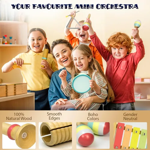Miniatura 7 de MINIARTIS Juego de instrumentos musicales para bebés – Juguetes musicales Montessori para niños pequeños de 1 a 3 años Xilófono bohemio moderno