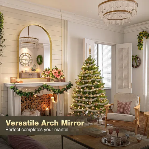 Miniatura 3 de Brightify - Espejo arqueado dorado de 24 x 32 pulgadas, espejo de pared con marco de metal de latón para baño, espejo arqueado superior para tocador