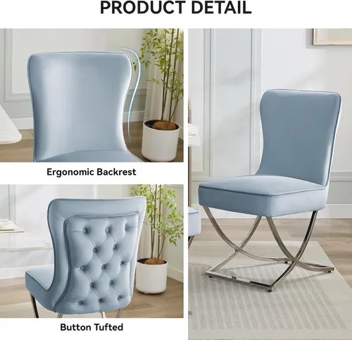Miniatura 3 de WUTUTUEE Sillas de Comedor de Terciopelo de Lujo, Sillas de Acento Tapizadas Capitoné sin Brazos con Patas de Metal Plateado en X, Juego de 2 Sillas