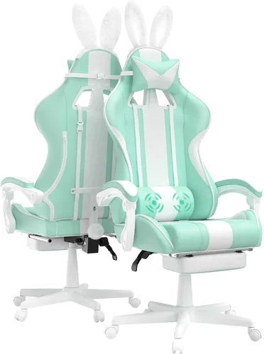 Miniatura 10 de Ferghana - Silla de juego Kawaii en azul claro con orejas de conejo, silla Gamer ergonómica y linda con reposapiés y masaje, silla de juego