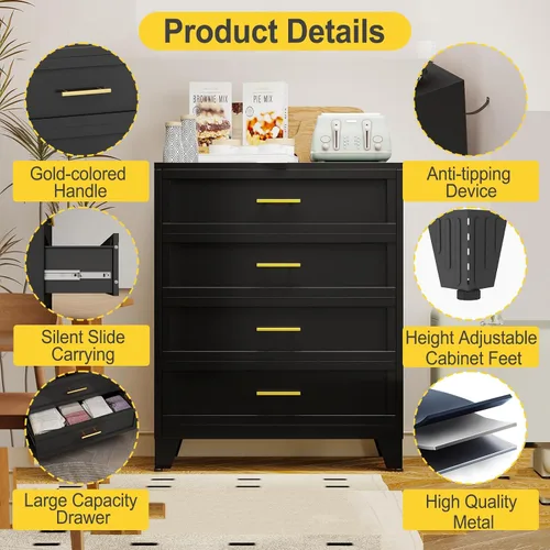Miniatura 3 de Cómoda de metal de 43.11 pulgadas de alto para dormitorio, cómoda negra de 4 cajones con asas doradas, cómoda de armario con panel estriado, armario