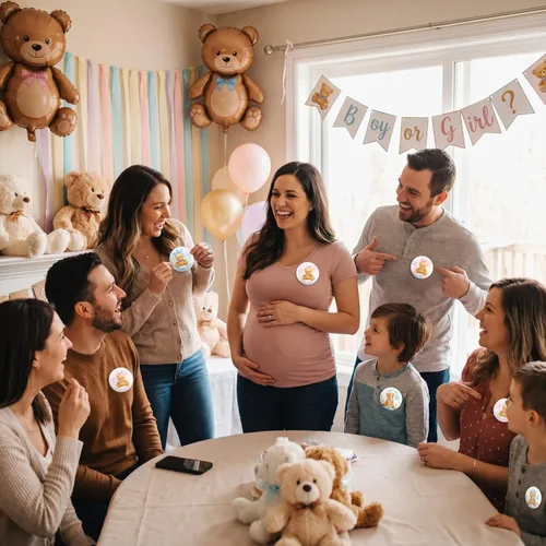 Miniatura 6 de Spakon 48 pines divertidos de revelación de género de oso para baby shower, decoración de revelación de género, pines de botón de equipo azul y rosa