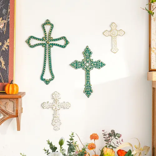 Sungmor 4 piezas pesadas y resistentes de hierro fundido en relieve para pared, hermosas cruces decorativas vintage, decoración de pared, esculturas