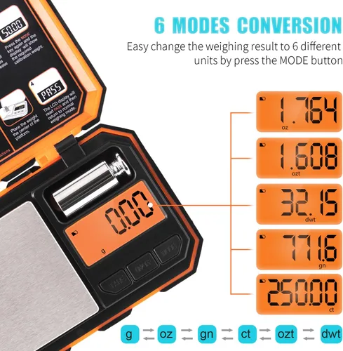 Miniatura 4 de Báscula digital de bolsillo de Fuzion, 500 g x 0.01 g, báscula de gramos, báscula mini de 6 unidades para joyas con pantalla LCD, función de tara