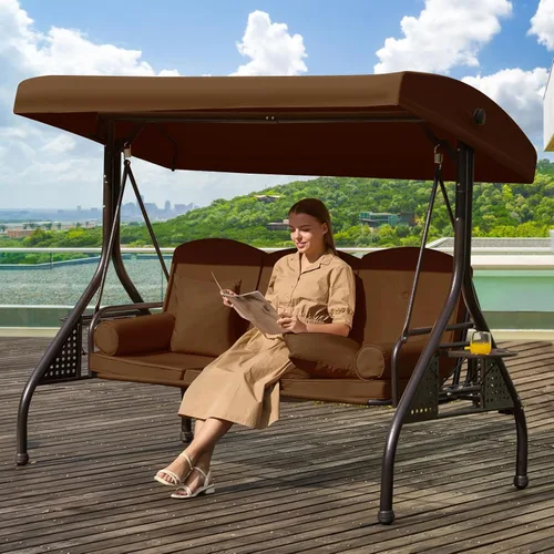 Miniatura 18 de Columpio de porche para exteriores 3 en 1 con toldo ajustable, columpio de 3 asientos para adultos, columpio de patio con cojines gruesos, almohadas