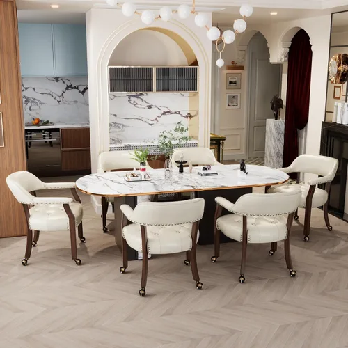 Miniatura 9 de Juego de 8 sillas de cuero de comedor con ruedas y brazos, silla de capitán Accent con ruedas, sillas de madera con ruedas enrollables para cocina