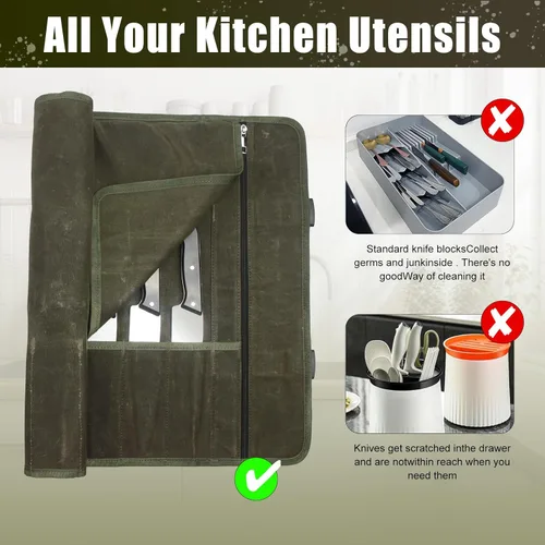Miniatura 4 de Bolsa enrollable para cuchillos de chef, estuche de viaje para cuchillos de lona encerada, soporte de almacenamiento profesional resistente con 10
