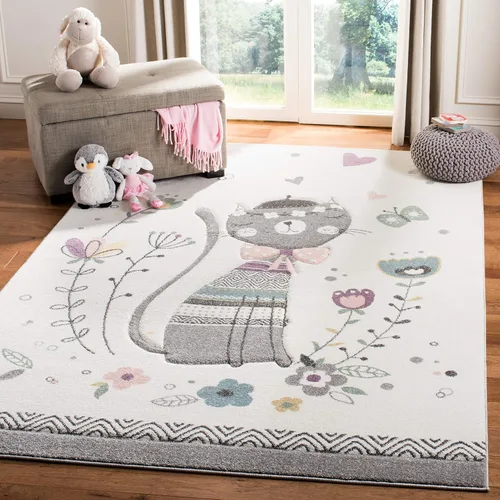 Miniatura 7 de SAFAVIEH Carousel Kids Collection - Alfombra decorativa de 2 x 3 pies, color marfil y rosa, diseño de gato, no desprende pelusa y de fácil cuidado