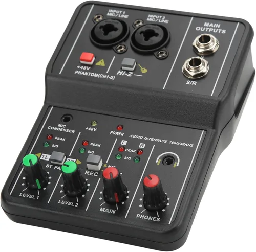 Miniatura 8 de Mini mezclador de audio, 2 canales USB portátil con tarjeta de sonido en vivo, sistema de consola con alimentación fantasma de 48 V, mezclador DJ