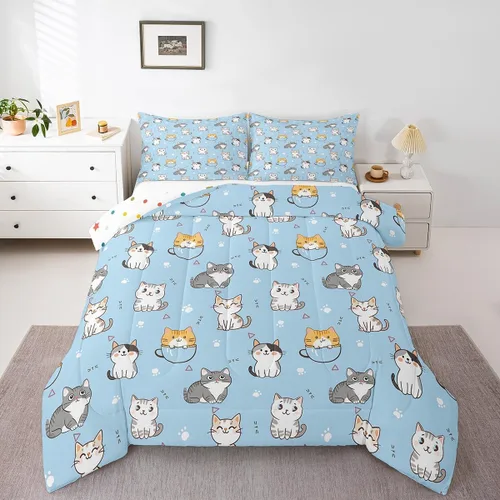 Miniatura 9 de Erosebridal Juego de edredón de tamaño matrimonial con diseño de gatos y gatos, lindo juego de ropa de cama Kawaii para niñas y niños