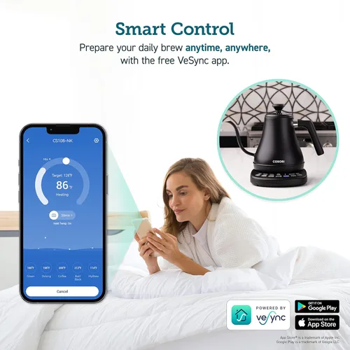 Miniatura 3 de COSORI Hervidor eléctrico de cuello de cisne inteligente Bluetooth con control de temperatura variable, negro y cafetera para verter sobre con acero