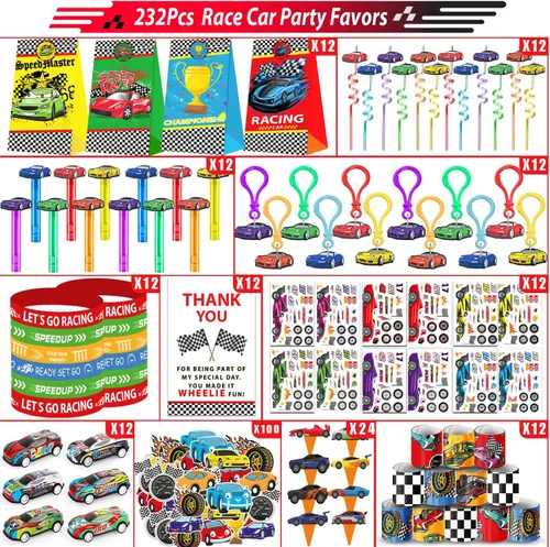 Miniatura 3 de PLOUGVI 232 piezas de regalos de fiesta de cumpleaños de autos de carreras, suministros de decoración de bolsas de regalo, relleno de piñata