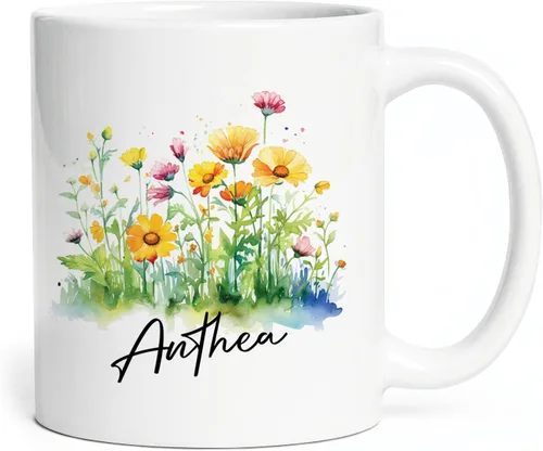 Miniatura 14 de Taza de cerámica blanca con monograma de letra inicial personalizada, alfabeto floral, nombre personalizado y inicial A-Z, taza de café de 11 onzas