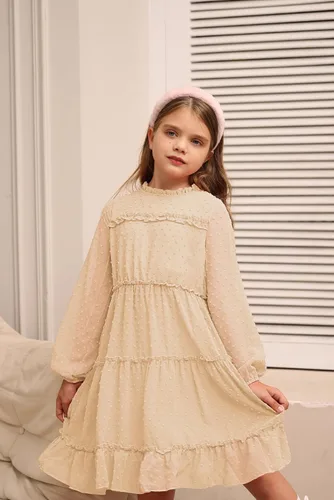 Miniatura 5 de GRACE KARIN Vestido escalonado con volantes para niñas, vestido acampanado de manga larga con lunares suizos, 6-12 años