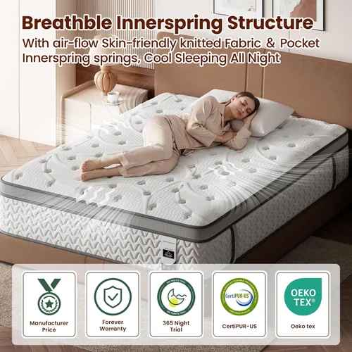 Miniatura 2 de SLEEP100 Colchón individual de 10 pulgadas – Colchones híbridos para el dolor de espalda, soporte extra lumbar y de hombros, sin fibra de vidrio