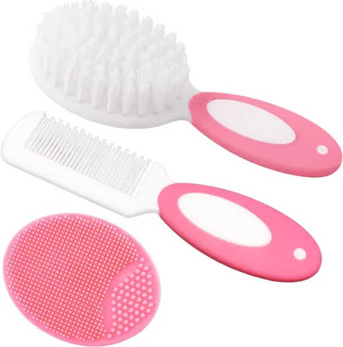 Cepillo para el pelo del bebé, cepillo para la cuna, peine para el pelo del bebé, cepillo de pelo de bebé y juego de peine para recién nacidos y Rosa