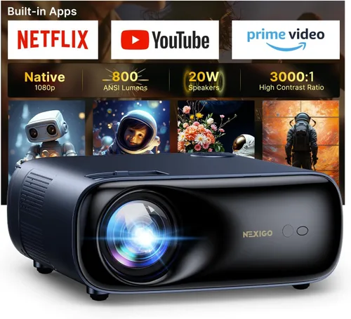 NexiGo Proyector para exteriores PJ40, compatible con Netflix/YouTube/Prime Video, 800 lúmenes ANSI, mejora de imagen AI, proyector de video nativo