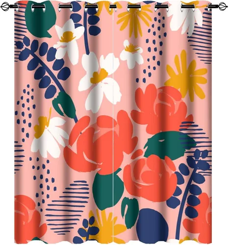 Cortinas florales de mediados de siglo, abstractas coloridas dibujadas a mano, flores tropicales exóticas, hojas, tratamientos de ventana,